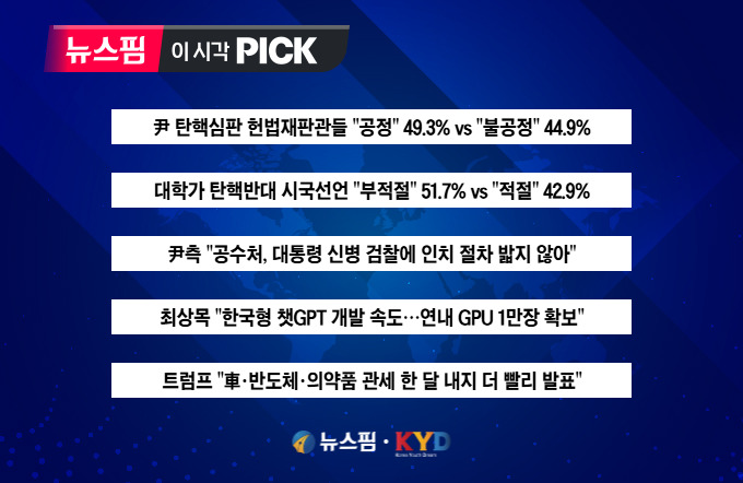 [뉴스핌 이 시각 PICK] '尹심판' 재판관들 "공정" 49.3% vs "불공정" 44.9% 外