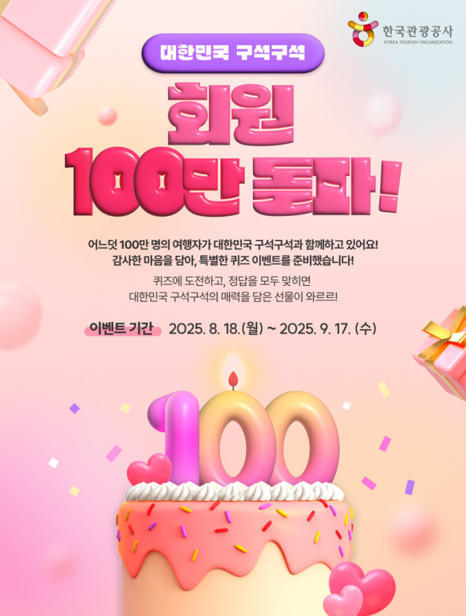 관광공사 '대한민국 구석구석' 100만 회원 돌파 이벤트