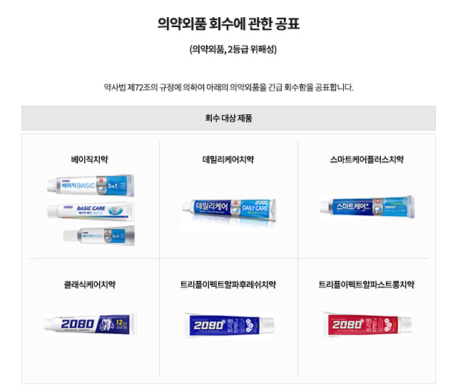 애경산업, 중국산 '2080' 치약 6종 회수 조치…"트리클로산 미량 혼입"